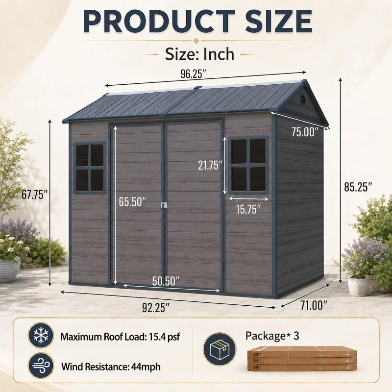 Durable Resin Storage Shed with Lockable Door and Two Air Vents, Weatherproof Outdoor Shed for Backyard, 96" L x 75" W x 85" H, Brown