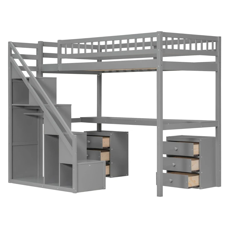 Modern Twin Loft Bed with Desk and Side Staircase, Space-Saving Storage Bed with 2 Drawers and LED Light, 79" L x 59.5" W x 68" H, Gray