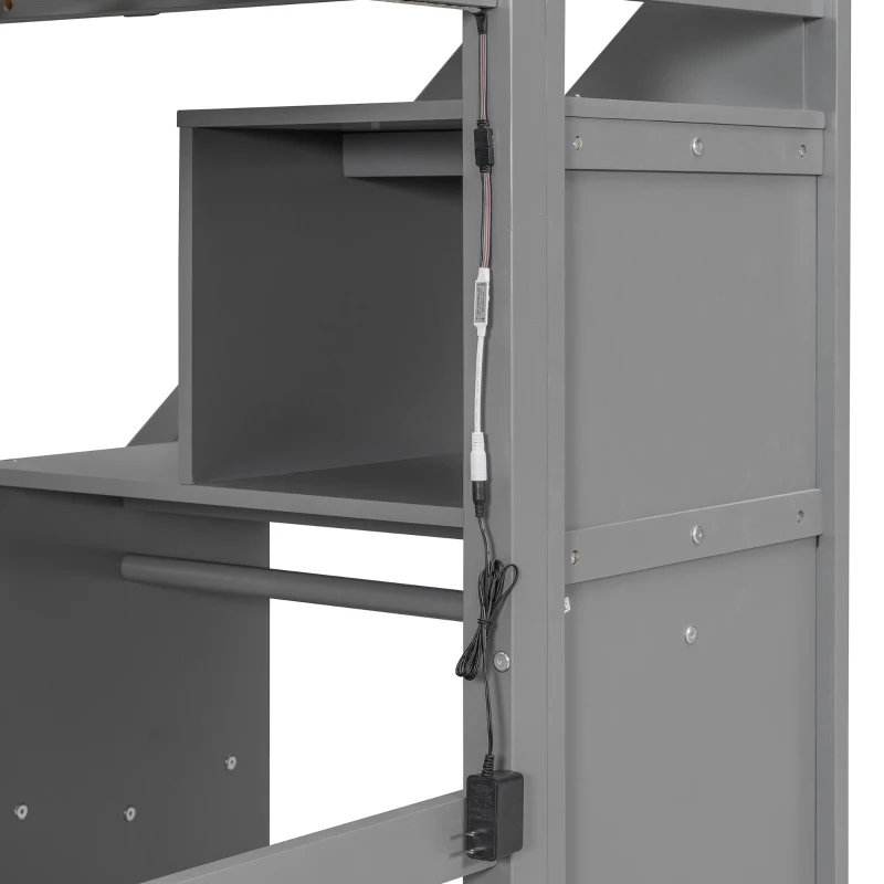 Modern Twin Loft Bed with Desk and Side Staircase, Space-Saving Storage Bed with 2 Drawers and LED Light, 79" L x 59.5" W x 68" H, Gray