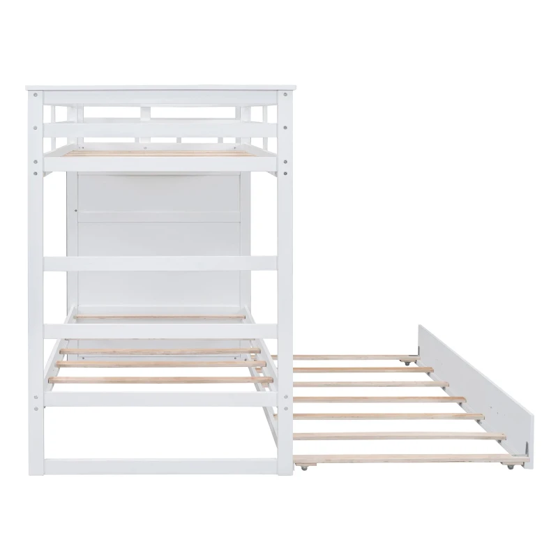 Elegant Twin-over-Twin Bunk Bed with Trundle and 4 Storage Drawers, Sturdy Pine Bed with Staircase and Slats, 97" L x 42.5" W x 65.5" H, White