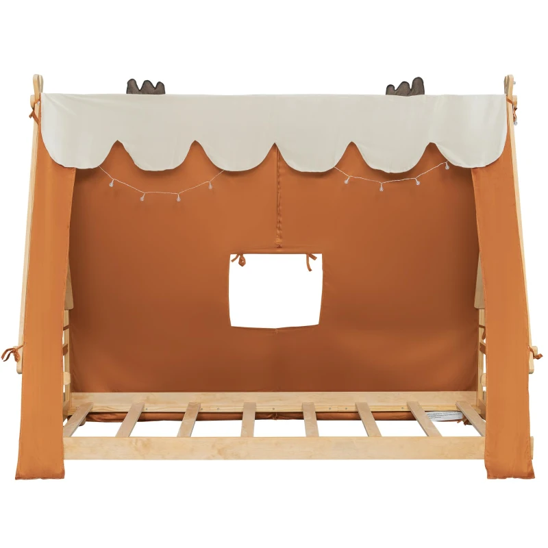 Whimsical Twin House Bed with Detachable Tent and Skylight, Sturdy Kids Wooden Platform Bed with 8 Slats, 79.5" L x 41" W x 63" H, Brown