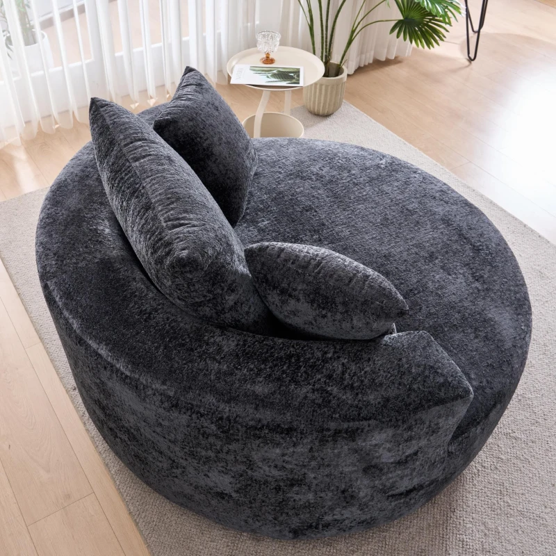 Fluffy Sleeper Chair with Plush Corduroy Fabric and Cylindrical Pillow, Soft Modular Lounge Sofa for Living Room, 54.5" L x 54.5" W x 33" H, Black