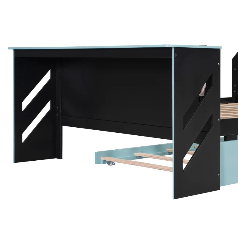 Sleek Full-Size Daybed with Twin Trundle and Desk, Modern Gaming Bed with USB Port and Cable Management, 92" L x 58" W x 35.5" H, Blue