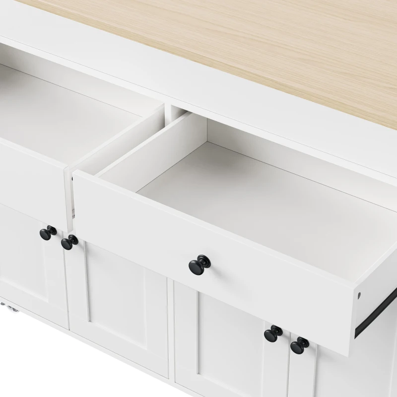 Chic Rolling Kitchen Island with Extendable Dining Table, Space-Saving Storage Cart with 4 Doors and 2 Drawers, 74.5" L x 19.5" W x 36" H, Off White