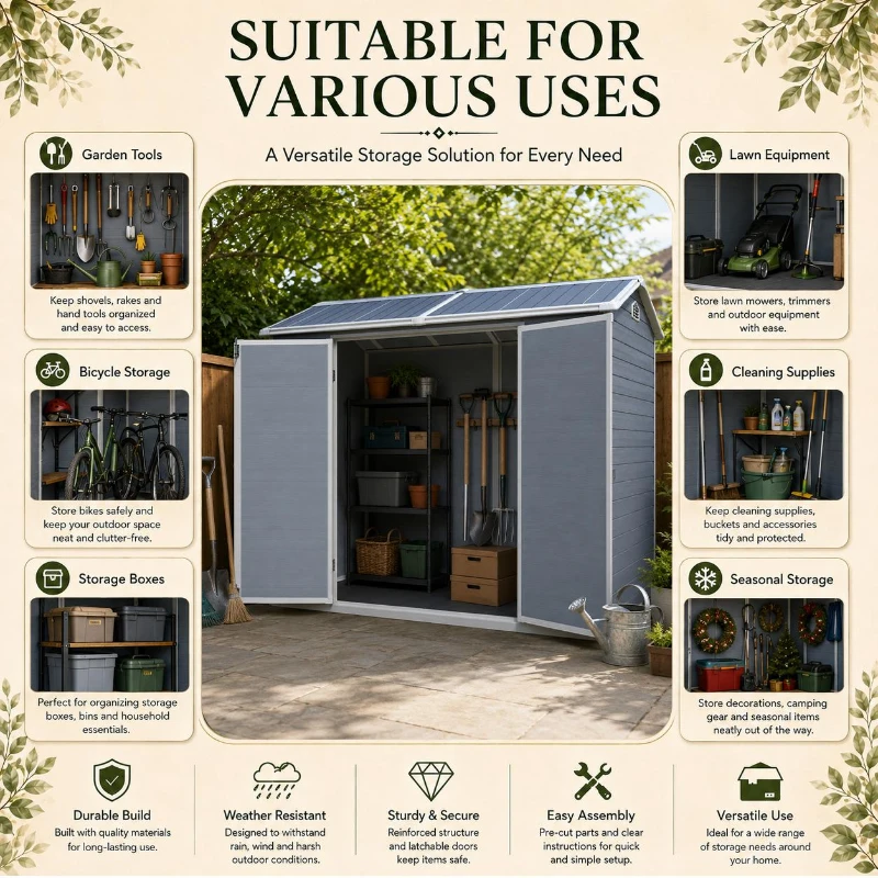 Slim Resin Storage Shed with Padlockable Double Doors and Air Vents, Durable Garden Shed for Backyard, 95.5" L x 52.5" W x 81" H, Grey