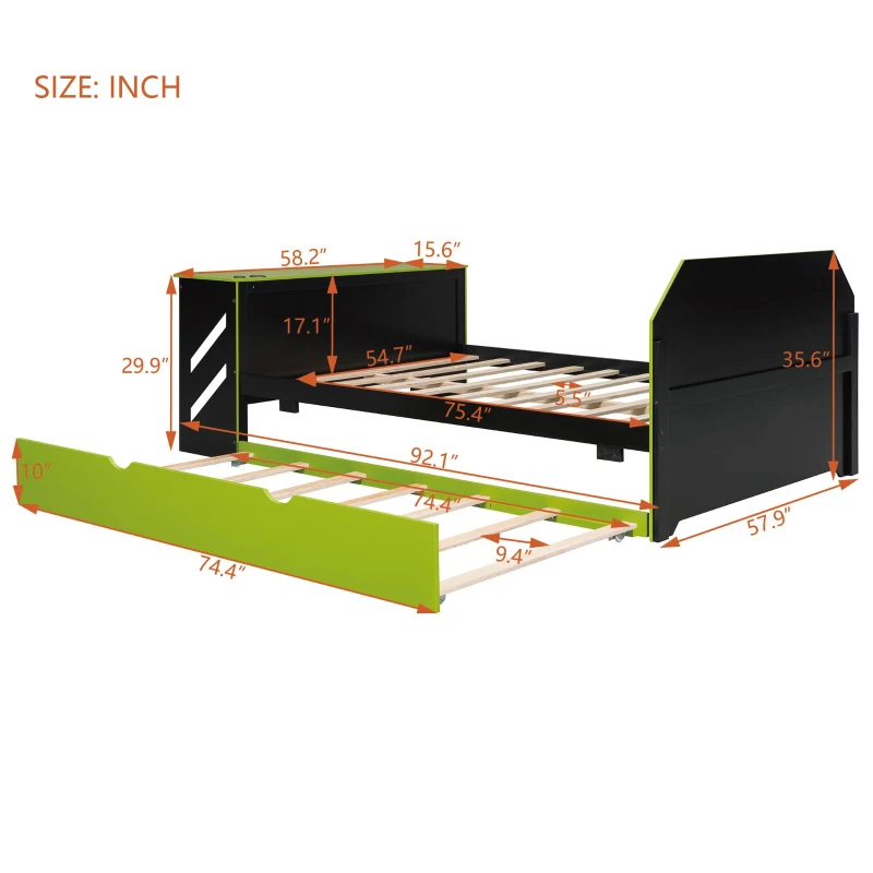 Chic Full-Size Wooden Daybed with Twin Trundle and Desk, Sturdy Bed with USB Port and Cable Management, 92" L x 58" W x 35.5" H, Green