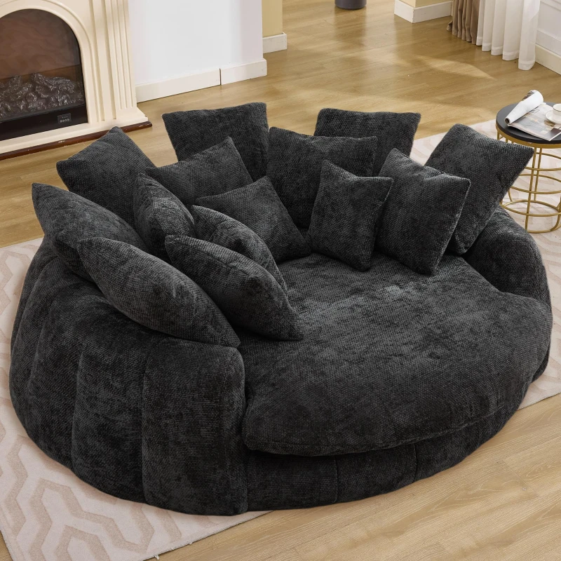 Sleek Bean Bag Sofa with Chenille Upholstery and 14 Pillows, Relaxing Chaise Lounge for Living Room Bedroom, 71.5'' L x 65.5"W x 30.5" H, Black