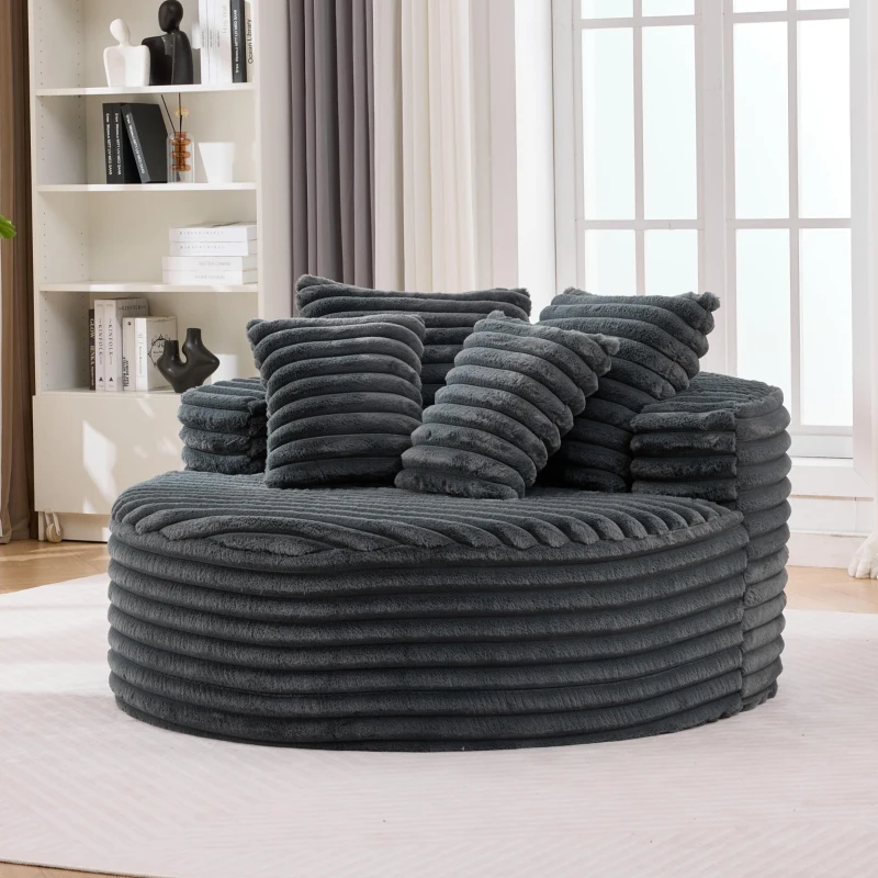 Plush Oversized Round Lounge Chair with Segmented Backrest, Velour Sofa with 4 Pillows and No Assembly, 54.5'' L x 54.5" W x 33" H, Grey