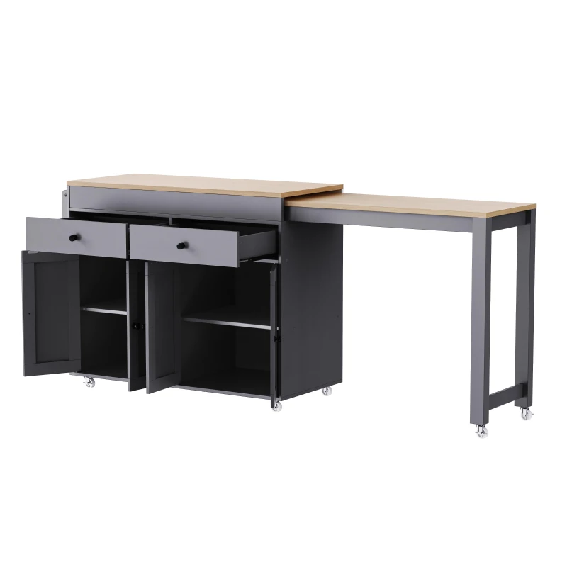 Chic Rolling Kitchen Island with Extendable Dining Table, Space-Saving Storage Cart with 4 Doors and 2 Drawers, 74.5" L x 19.5" W x 36" H, Grey