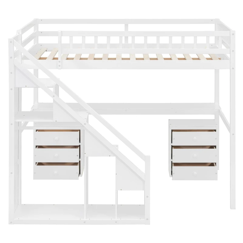 Chic Full-Size Loft Bed with Desk and LED Light, Space-Saving Storage Bed with 2 Drawers and Side Stairs, 79" L x 74.5" W x 68" H, White