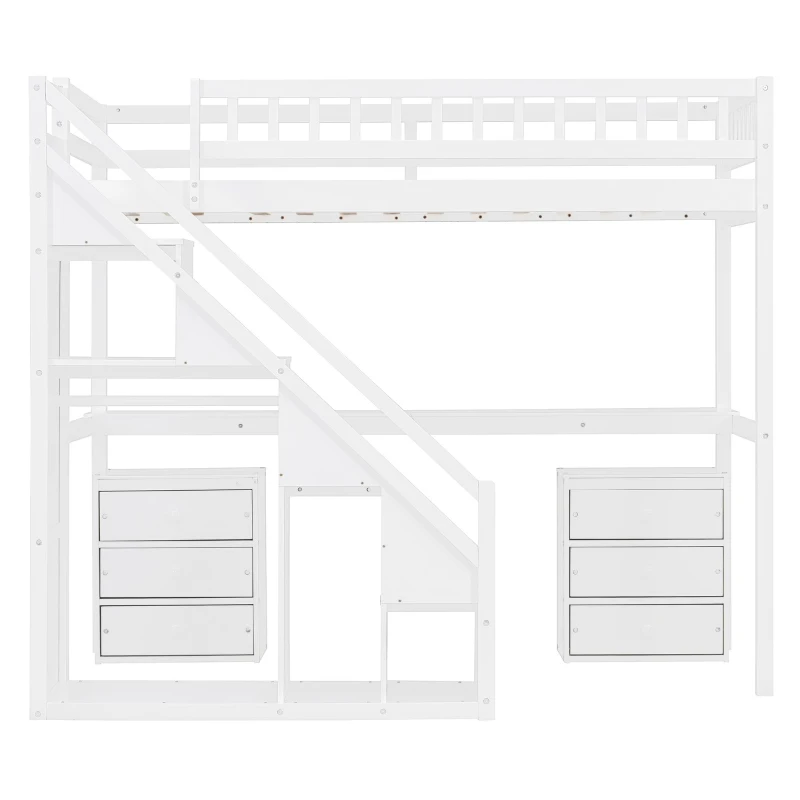 Chic Twin Loft Bed with Desk and 7-Color LED Lights, Space-Saving Storage Bed with 2 Drawers and Stairs, 79" L x 59.5" W x 68" H, White