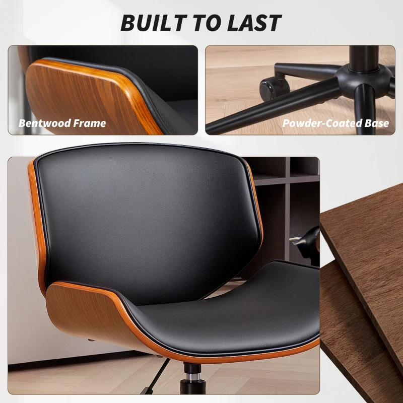 HOMCOM Mid-Century Modern Office Chair No Arms with Wheels, Small Computer Desk Chair with PU Leather Upholstery, Bentwood
