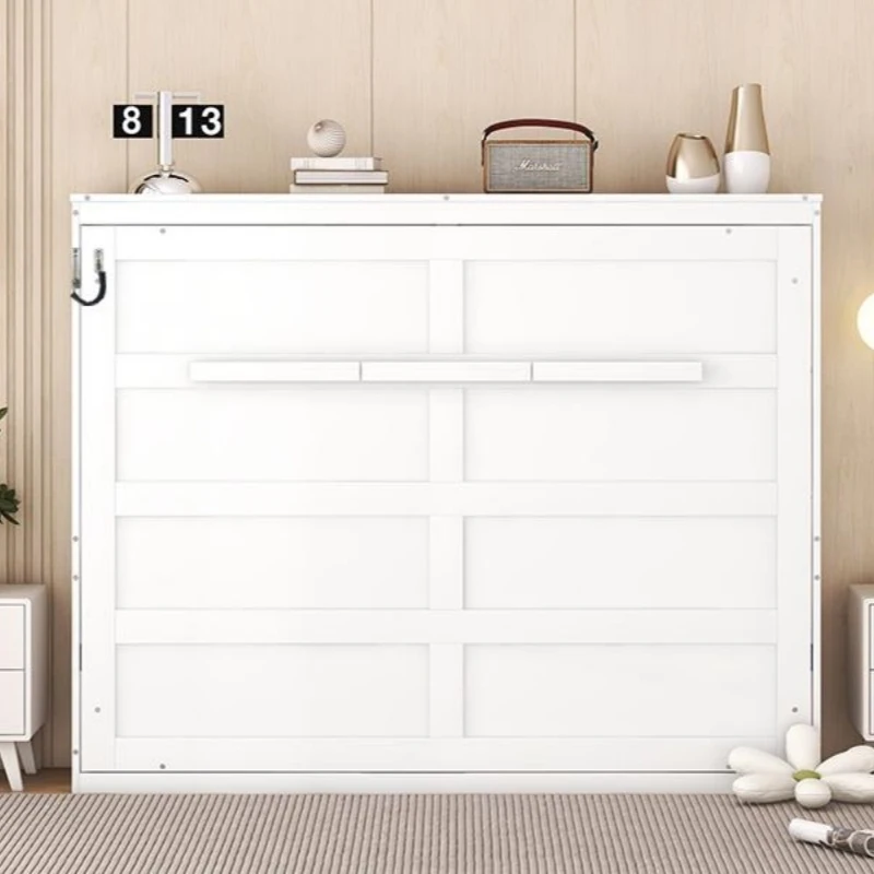 Chic Full-Size Murphy Wall Bed with Dual-Piston Mechanism, Modern Folding Cabinet Bed for Guest Room, 77.5" L x 61.5" W x 62" H, White