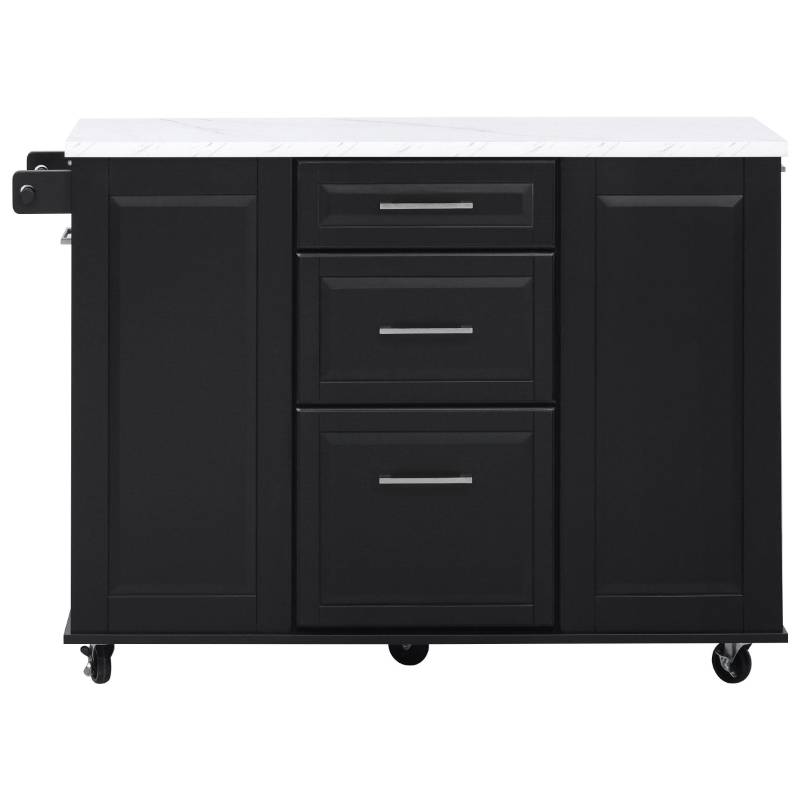 Vintage Rolling Kitchen Island with Drop-Leaf Countertop and Trash Bin, Multifunctional Storage Cart for Kitchen, 50.5" L x 26.5" W x 35.5" H, Black