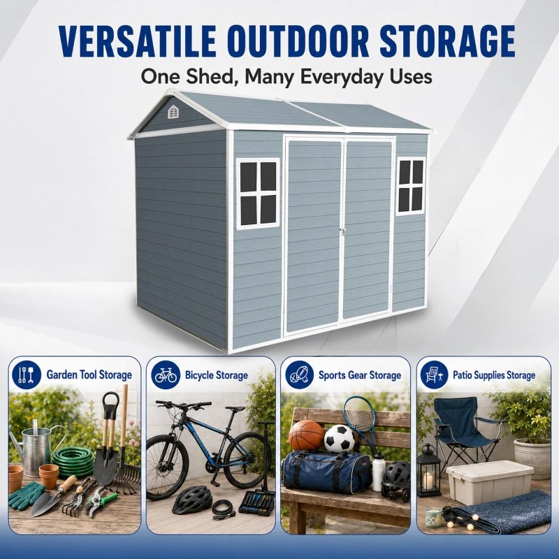 Resin Outdoor Storage Shed with Two Air Vents and Built-In Floor, Durable Garden Shed for Patio and Backyard, 96" L x 75" W x 85" H, Grey