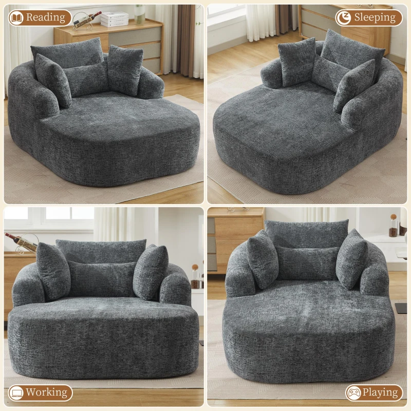 Plush Oversized Chaise Lounge with Deep Seat and Pillows, Versatile Sleeper Sofa with Corduroy and Armrests, 57.5'' L x 51.5" W x 32" H, Grey