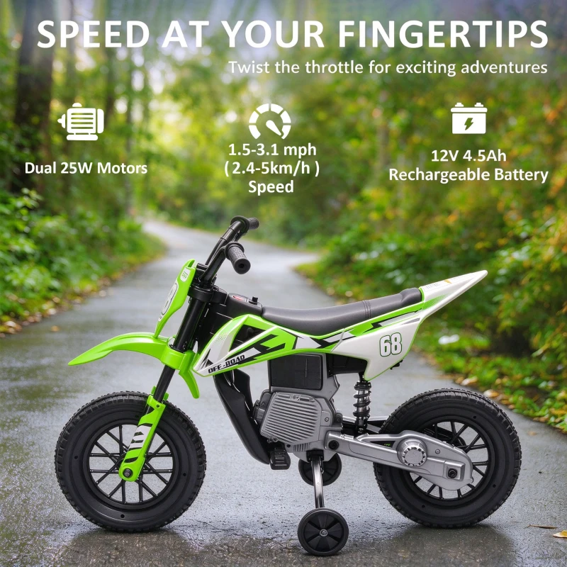 Qaba 12V Kids Dirt Bike, Electric Motorcycle with Twist Grip Throttle, Training Wheels, Rear Suspension & Music, Green