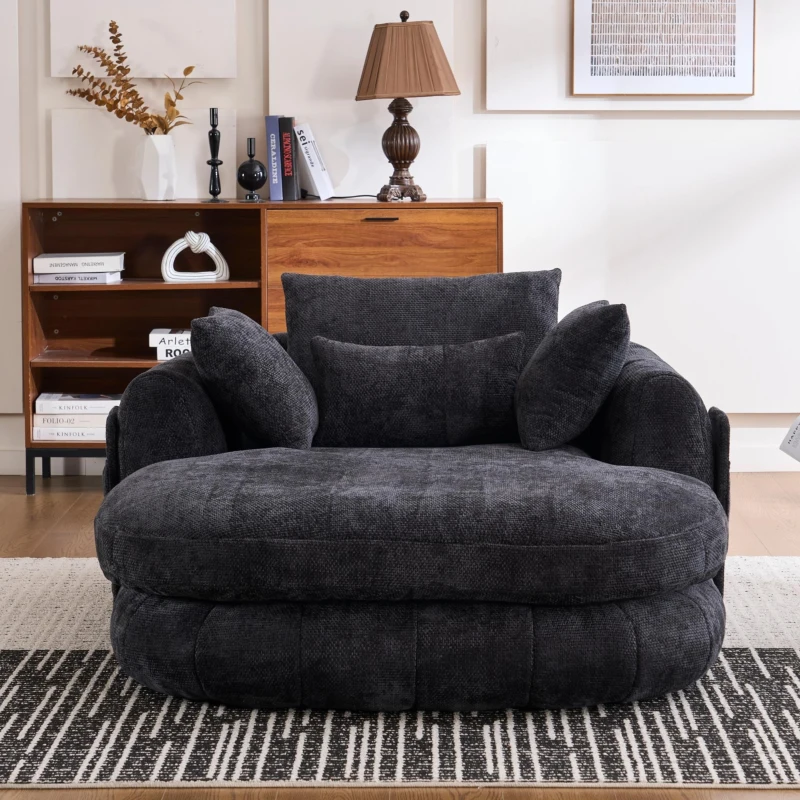 Plush Oversized Chaise Lounge with Deep Seat and Chenille, Soft Sleeper Sofa with Extra Pillows and No Assembly, 72.5'' L x 57" W x 23" H, Black