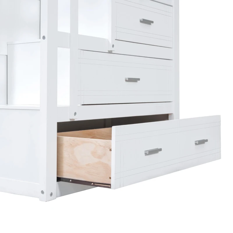 Elegant Twin-over-Twin Bunk Bed with Trundle and 4 Storage Drawers, Sturdy Pine Bed with Staircase and Slats, 97" L x 42.5" W x 65.5" H, White