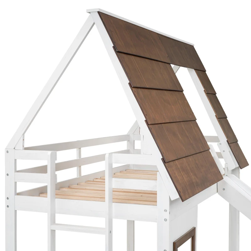 Chic Wood House Bunk Bed with Roof, Ladder and Slide, Kid-Friendly Twin Bed for Bedroom Kids Room, 78.5" L x 41.5" W x 81.5" H, White+Brown
