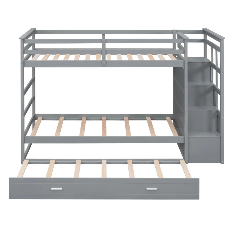 Modern Twin-over-Twin Bunk Bed with Trundle and 4 Storage Drawers, Sturdy Wooden Bed with Side Staircase, 97" L x 42.5" W x 65.5" H, Gray