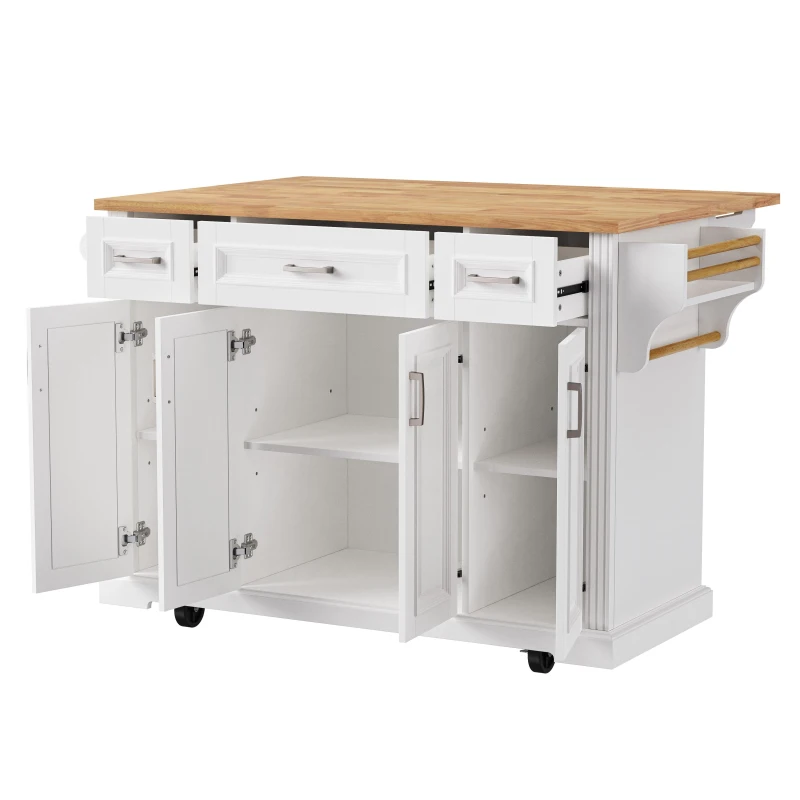 Farmhouse Rolling Kitchen Island with Rubberwood Drop Leaf, Spacious Storage Cart with 4 Doors and 3 Drawers, 54" L x 29.5" W x 36" H, White