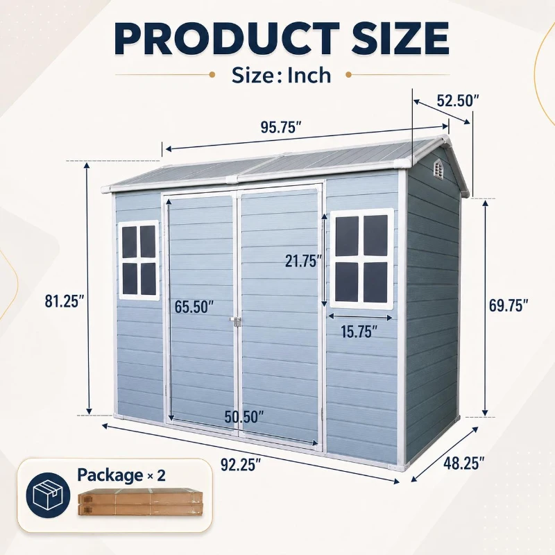 Slim Resin Storage Shed with Padlockable Double Doors and Air Vents, Durable Garden Shed for Backyard, 95.5" L x 52.5" W x 81" H, Grey
