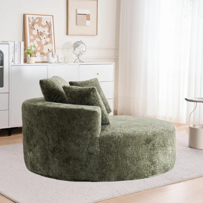 Fluffy Sleeper Chair with Plush Corduroy Fabric and Cylindrical Pillow, Soft Modular Sofa for Living Room, 54.5" L x 54.5" W x 33" H, Olive Green