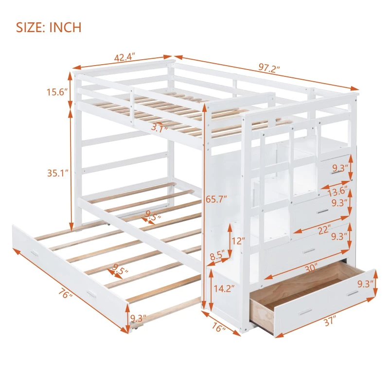 Elegant Twin-over-Twin Bunk Bed with Trundle and 4 Storage Drawers, Sturdy Pine Bed with Staircase and Slats, 97" L x 42.5" W x 65.5" H, White