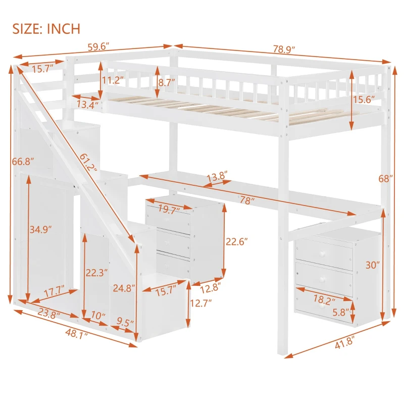 Chic Twin Loft Bed with Desk and 7-Color LED Lights, Space-Saving Storage Bed with 2 Drawers and Stairs, 79" L x 59.5" W x 68" H, White