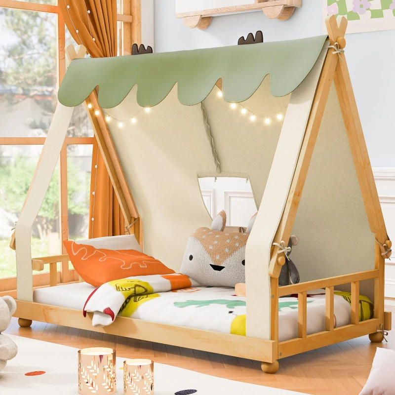 Whimsical Twin House Bed with Detachable Tent and Skylight, Sturdy Kids Wooden Platform Bed with 8 Slats, 79.5" L x 41" W x 63" H, White