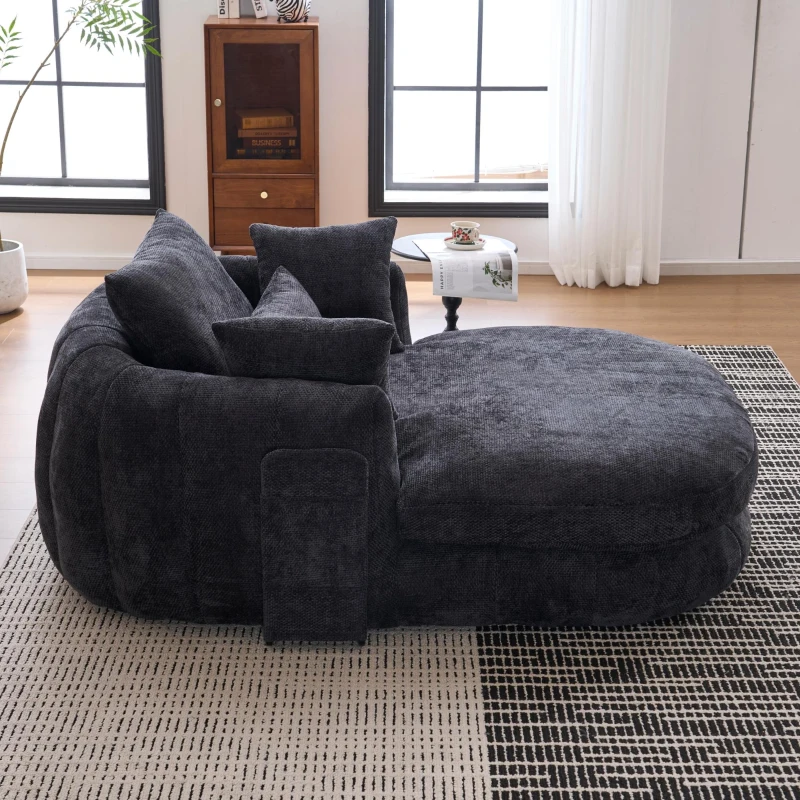 Plush Oversized Chaise Lounge with Deep Seat and Chenille, Soft Sleeper Sofa with Extra Pillows and No Assembly, 72.5'' L x 57" W x 23" H, Black