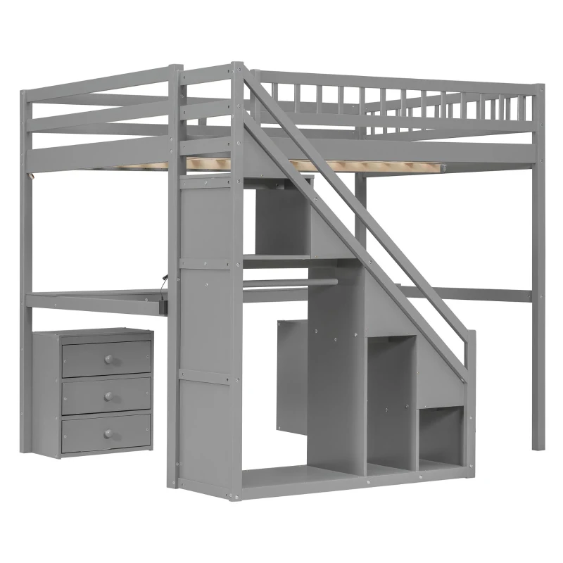 Elegant Full-Size Loft Bed with Desk and 2 Drawers, Chic Storage Bed with Side Staircase and LED Light, 79" L x 74.5" W x 68" H, Gray