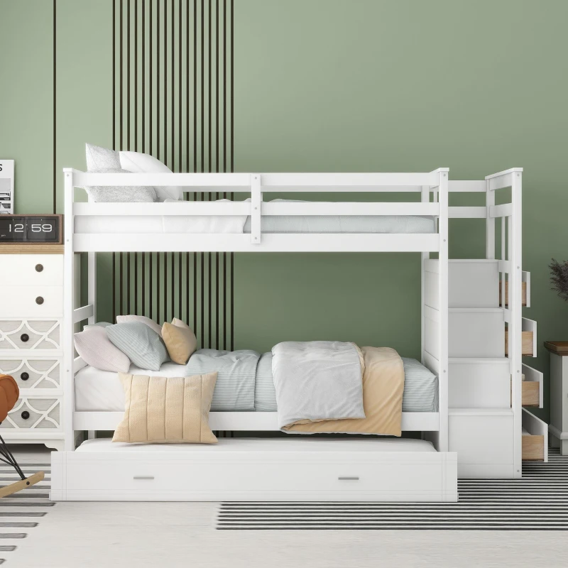 Elegant Twin-over-Twin Bunk Bed with Trundle and 4 Storage Drawers, Sturdy Pine Bed with Staircase and Slats, 97" L x 42.5" W x 65.5" H, White