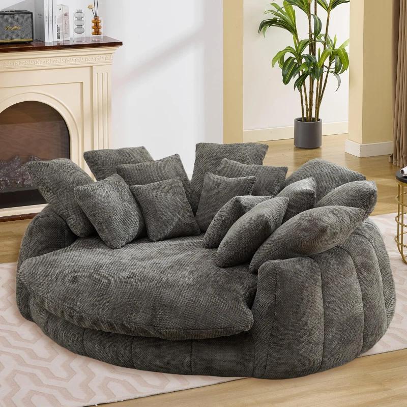 Snuggly Bean Bag Sofa with Chenille Upholstery and 14 Pillows, Modern Chaise Lounge for Living Room Bedroom, 71.5'' L x 65.5"W x 30.5" H, Grey