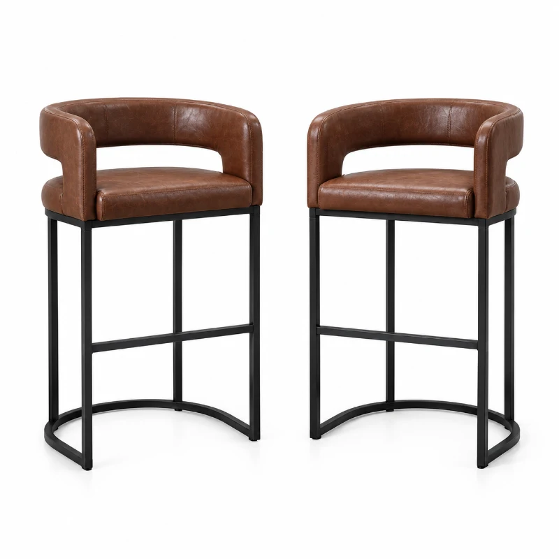 Modern Set of 2 Bar Stools with PU Leather and Curved Backrests, Counter-Height Kitchen Chairs with Metal Legs, 22" L x 21" W x 36" H, Brown