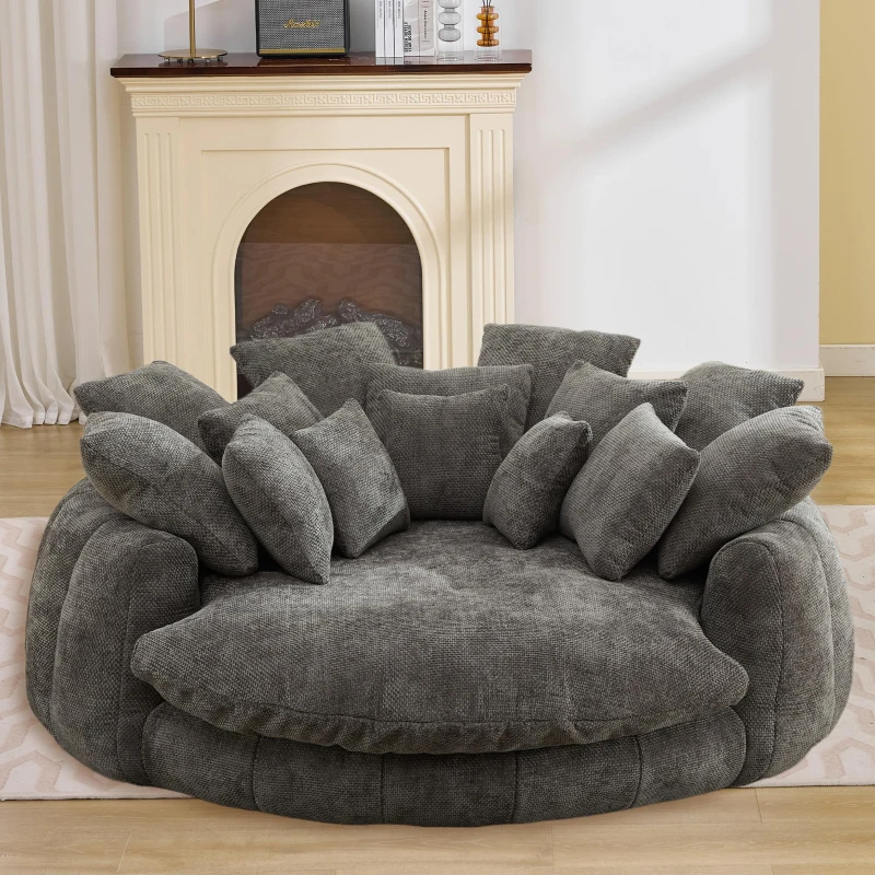 Snuggly Bean Bag Sofa with Chenille Upholstery and 14 Pillows, Modern Chaise Lounge for Living Room Bedroom, 71.5'' L x 65.5"W x 30.5" H, Grey