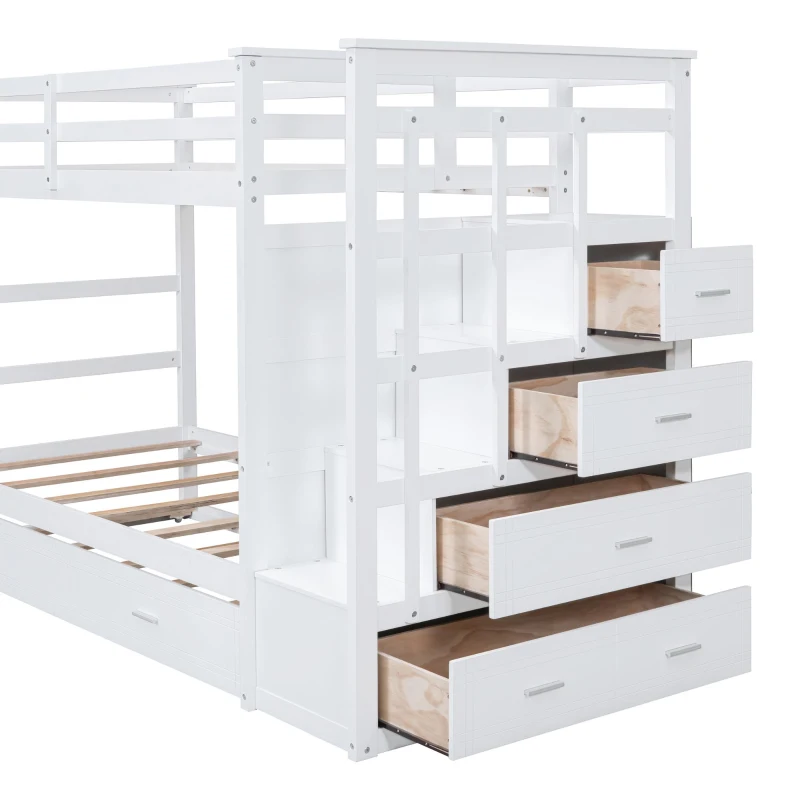 Elegant Twin-over-Twin Bunk Bed with Trundle and 4 Storage Drawers, Sturdy Pine Bed with Staircase and Slats, 97" L x 42.5" W x 65.5" H, White