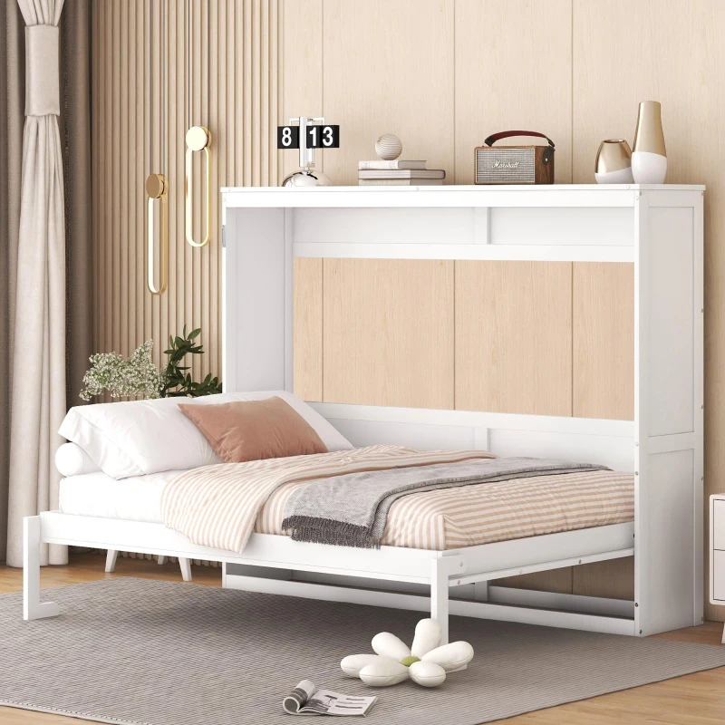Chic Full-Size Murphy Wall Bed with Dual-Piston Mechanism, Modern Folding Cabinet Bed for Guest Room, 77.5" L x 61.5" W x 62" H, White