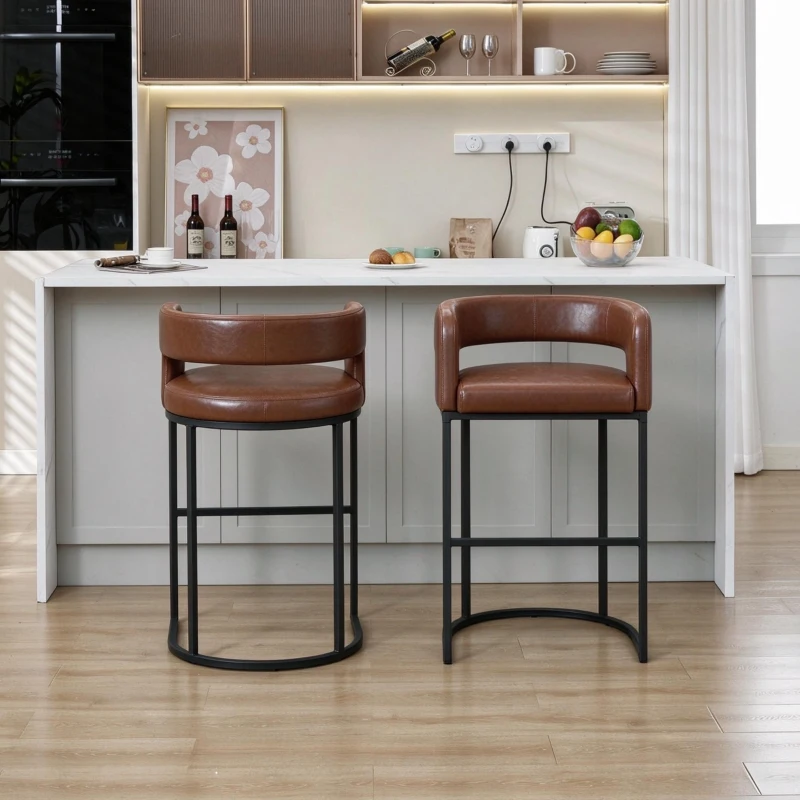 Modern Set of 2 Bar Stools with PU Leather and Curved Backrests, Counter-Height Kitchen Chairs with Metal Legs, 22" L x 21" W x 36" H, Brown