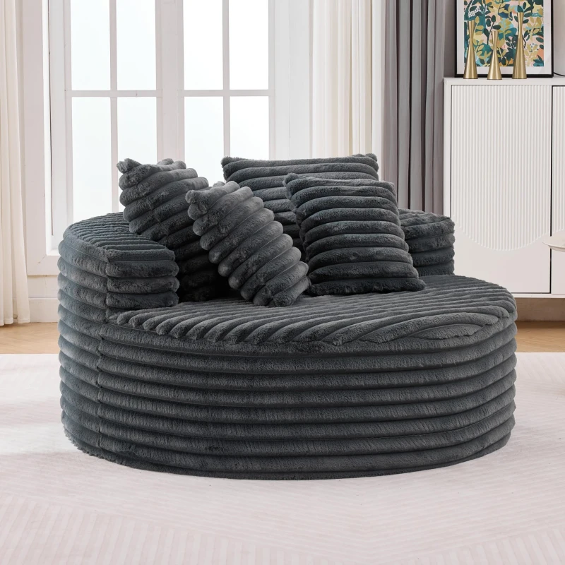 Plush Oversized Round Lounge Chair with Segmented Backrest, Velour Sofa with 4 Pillows and No Assembly, 54.5'' L x 54.5" W x 33" H, Grey