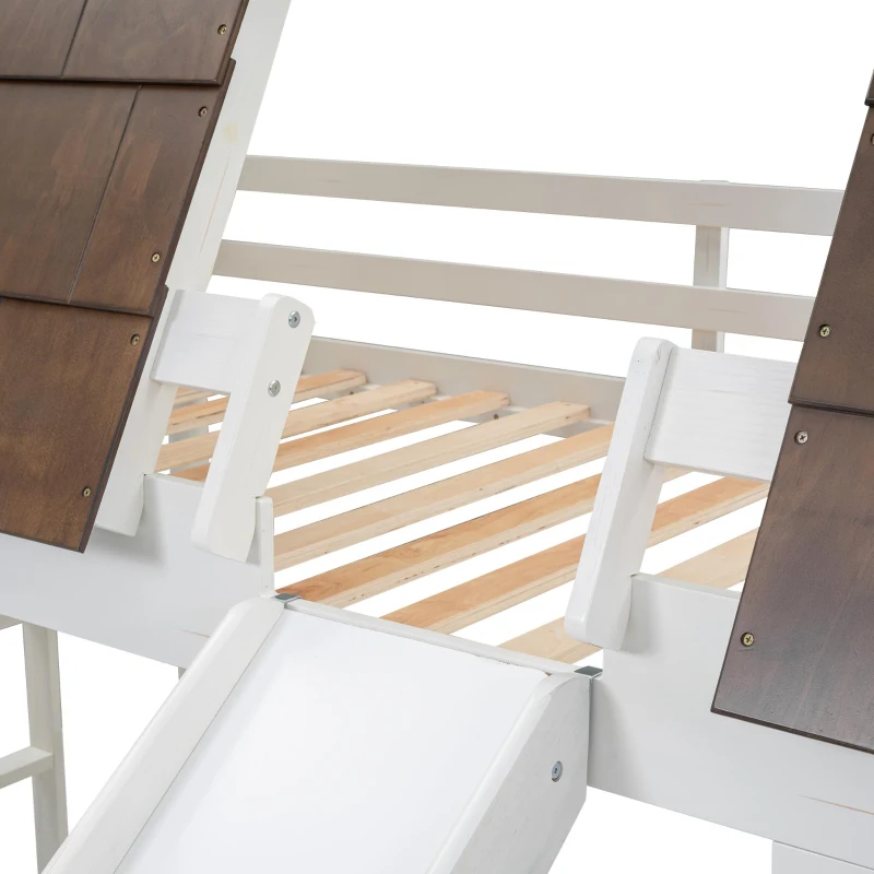 Chic Wood House Bunk Bed with Roof, Ladder and Slide, Kid-Friendly Twin Bed for Bedroom Kids Room, 78.5" L x 41.5" W x 81.5" H, White+Brown