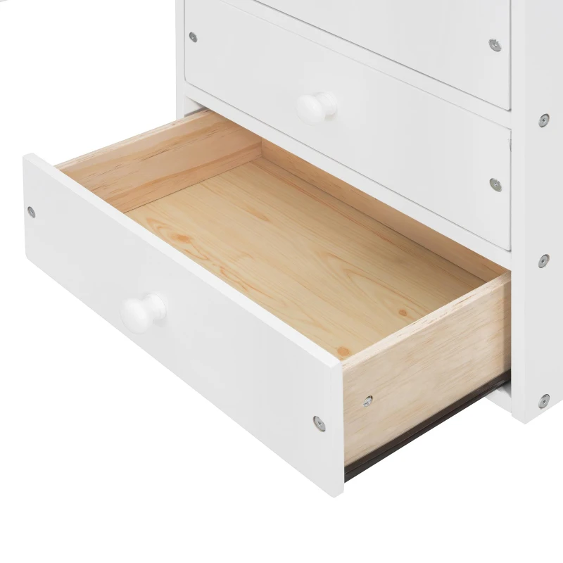 Chic Full-Size Loft Bed with Desk and LED Light, Space-Saving Storage Bed with 2 Drawers and Side Stairs, 79" L x 74.5" W x 68" H, White
