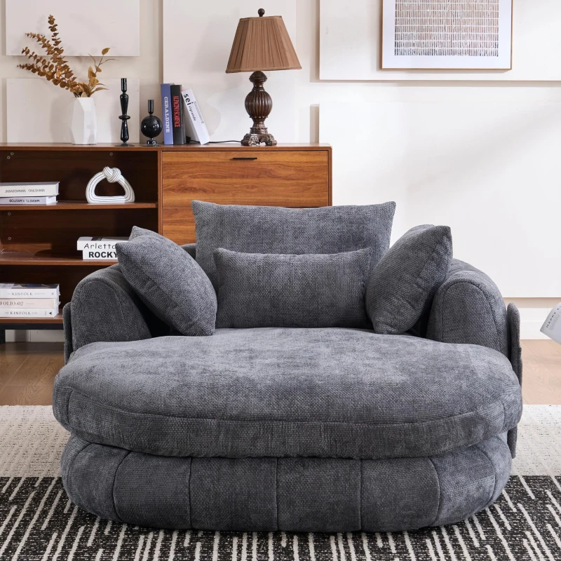 Oversized Chaise Lounge Chair with Deep Seat and Chenille, Soft Reading Sofa with Extra Pillows and No Assembly, 72.5'' L x 57" W x 23" H, Grey