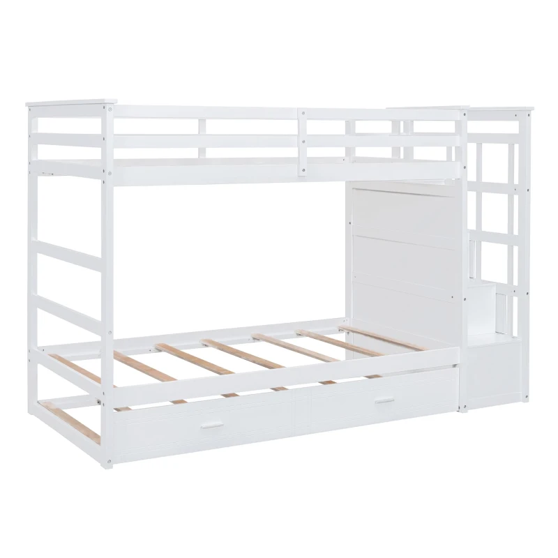 Elegant Twin-over-Twin Bunk Bed with Trundle and 4 Storage Drawers, Sturdy Pine Bed with Staircase and Slats, 97" L x 42.5" W x 65.5" H, White