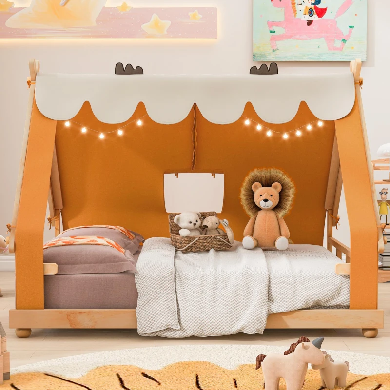 Modern Full-Size House Bed with Detachabl Tent, Sturdy Wooden Platform Bed with Skylight and 8 Slats, 79.5" L x 57.5" W x 63" H, Brown