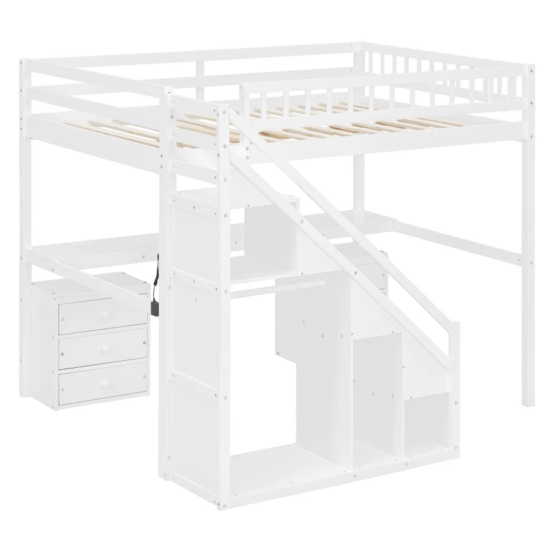 Chic Full-Size Loft Bed with Desk and LED Light, Space-Saving Storage Bed with 2 Drawers and Side Stairs, 79" L x 74.5" W x 68" H, White