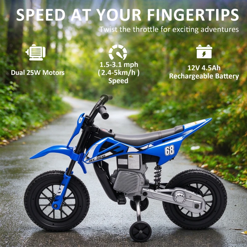 Qaba 12V Kids Dirt Bike, Electric Motorcycle with Twist Grip Throttle, Training Wheels, Rear Suspension & Music, Blue