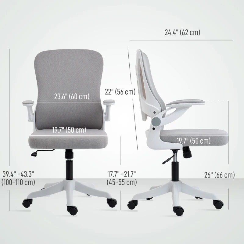 HOMCOM Ergonomic Office Chair, Swivel Desk Chair with Adjustable Lumbar Support and Height, Flip-up Armrests, Wheels, Grey