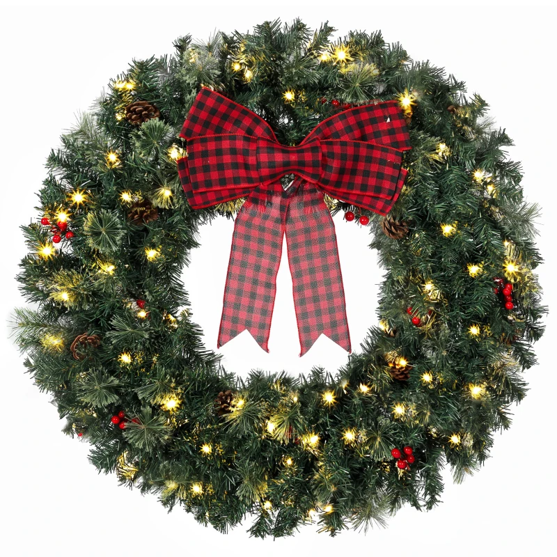 HOMCOM 36" Prelit Crestwood Spruce Artificial Christmas Wreath, Christmas Decor with Bow, 8 Modes, Red Berries, Pinecones